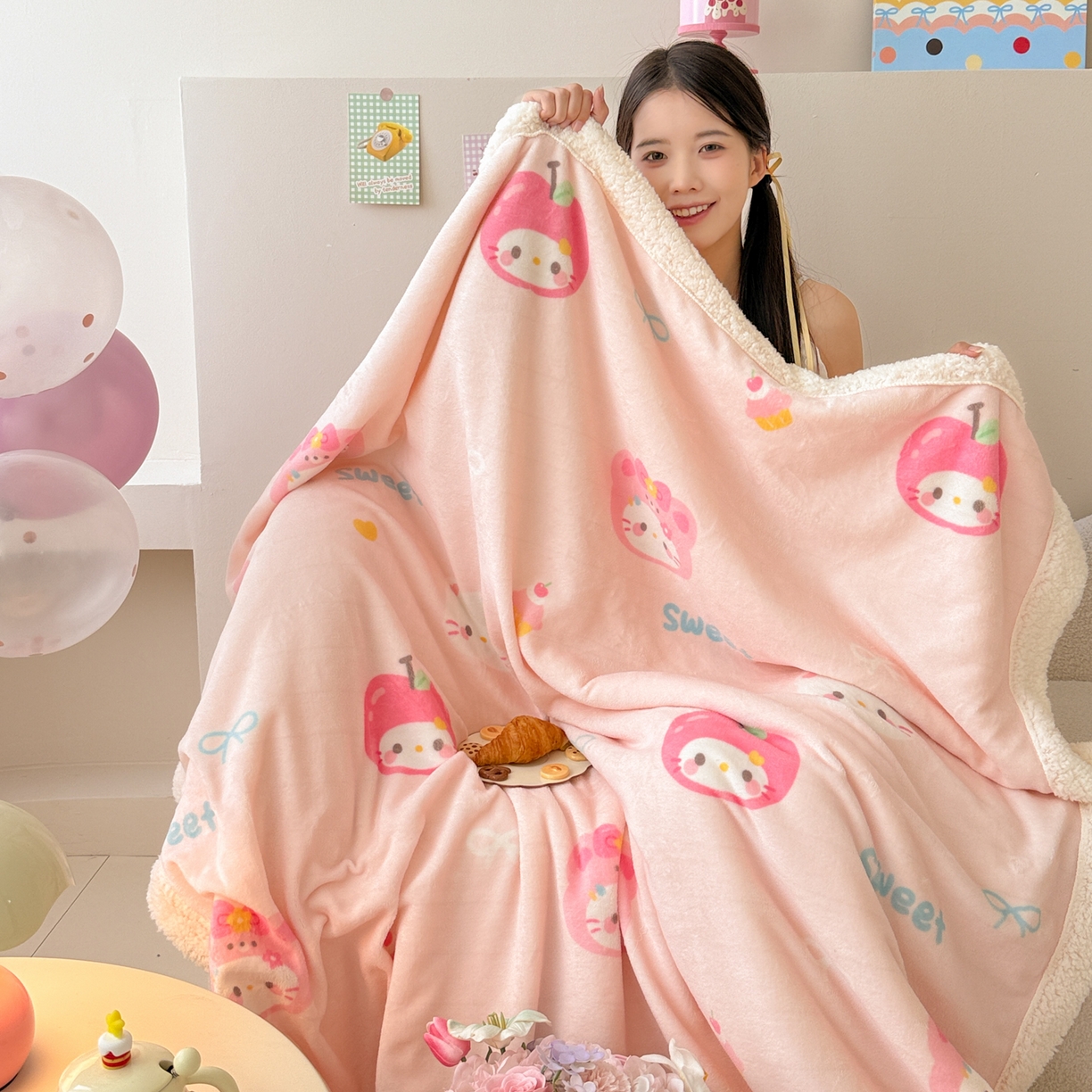 91家纺网 家纺一手货源 找家纺 沐慕 2025新款牛奶绒拼羊羔绒毛毯盖毯毯子 毛毯-苹果猫猫