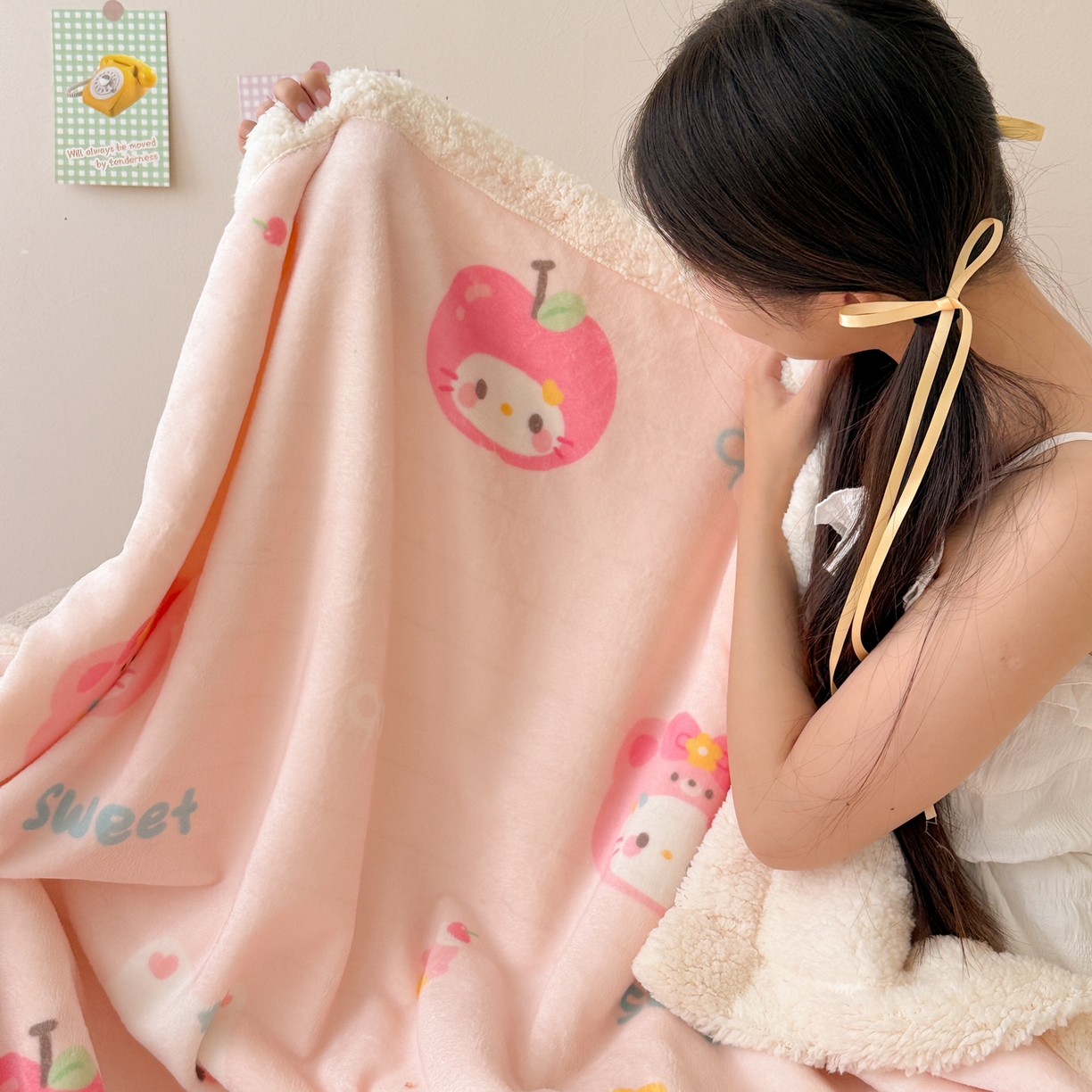 91家纺网 家纺一手货源 找家纺 沐慕 2025新款牛奶绒拼羊羔绒毛毯盖毯毯子 毛毯-苹果猫猫