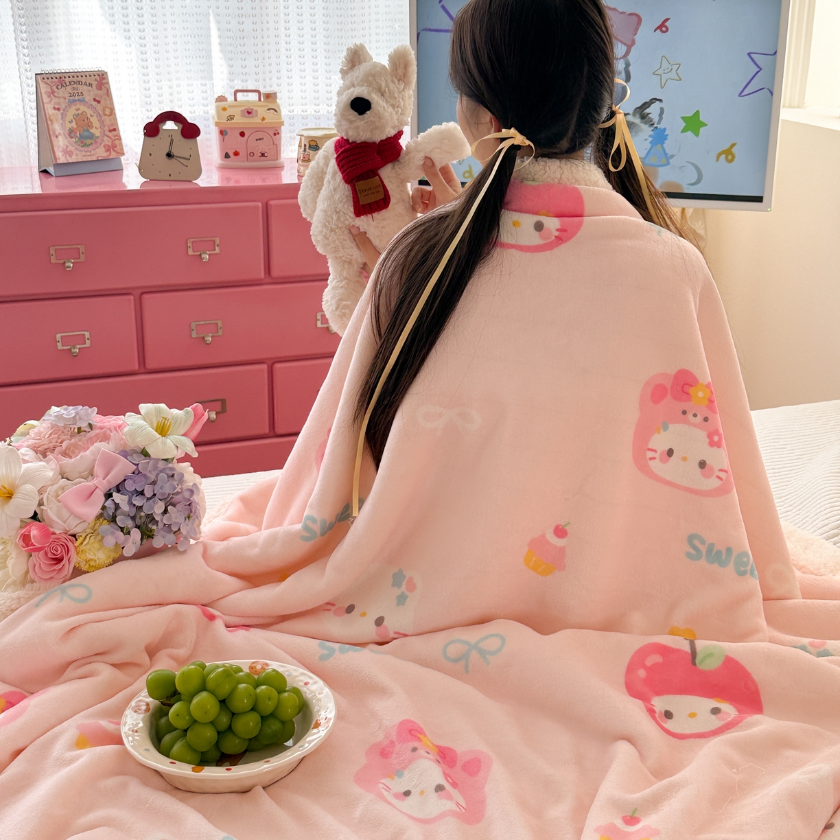 91家纺网 家纺一手货源 找家纺 沐慕 2025新款牛奶绒拼羊羔绒毛毯盖毯毯子 毛毯-苹果猫猫