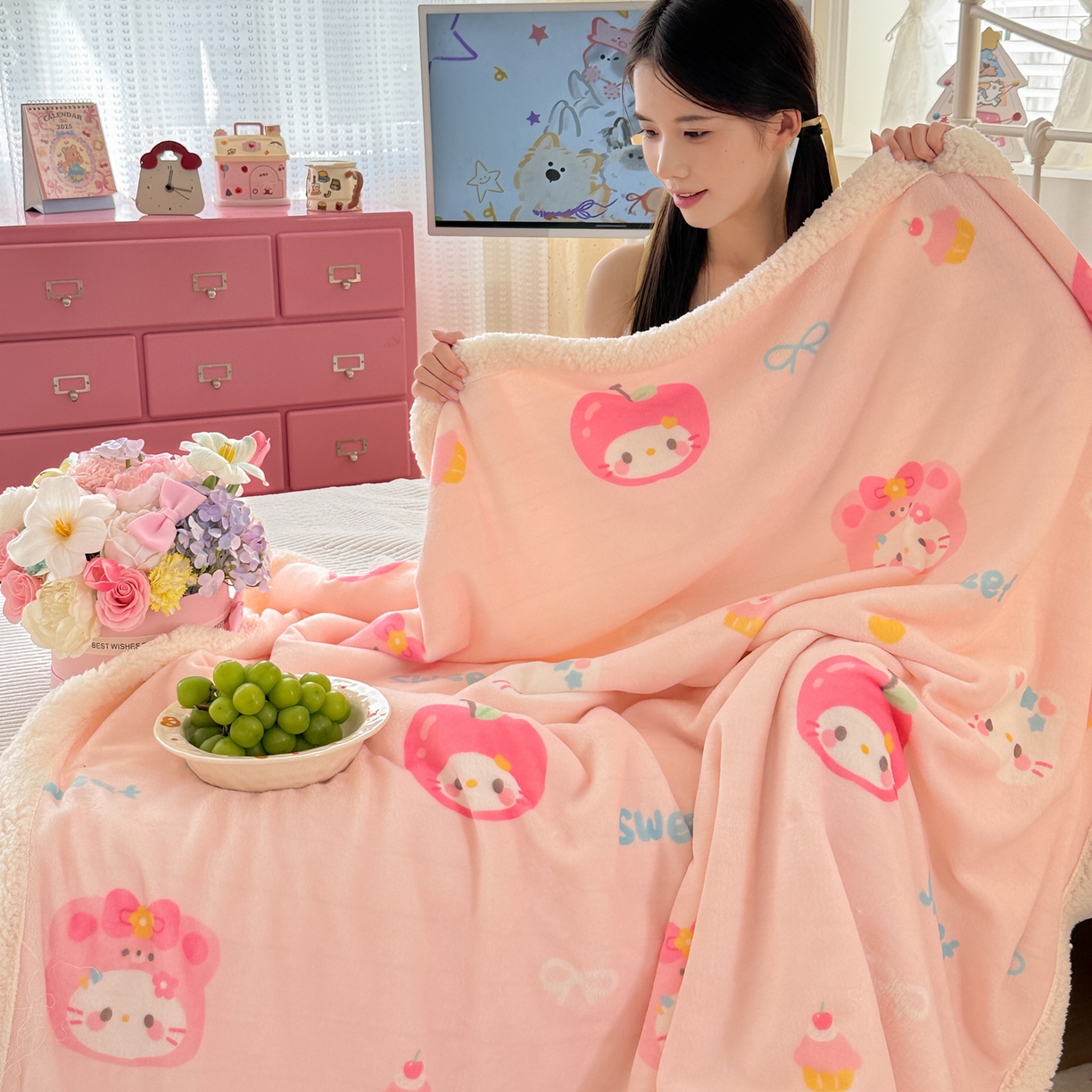 91家纺网 家纺一手货源 找家纺 沐慕 2025新款牛奶绒拼羊羔绒毛毯盖毯毯子 毛毯-苹果猫猫