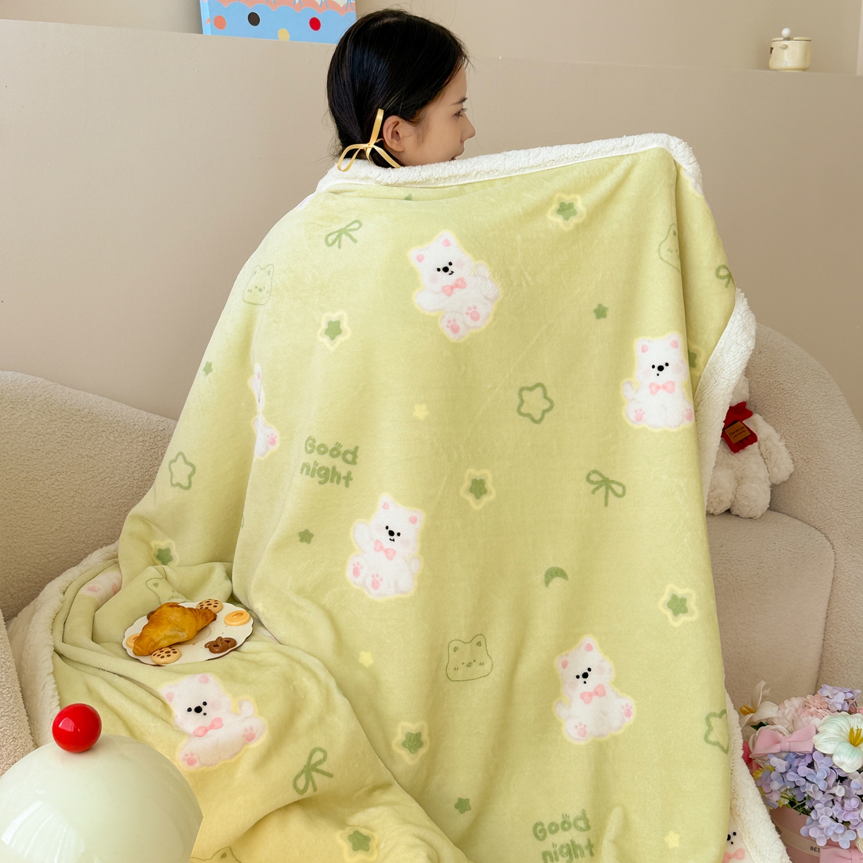 91家纺网 家纺一手货源 找家纺 沐慕 2025新款牛奶绒拼羊羔绒毛毯盖毯毯子 毛毯-青青萌宠