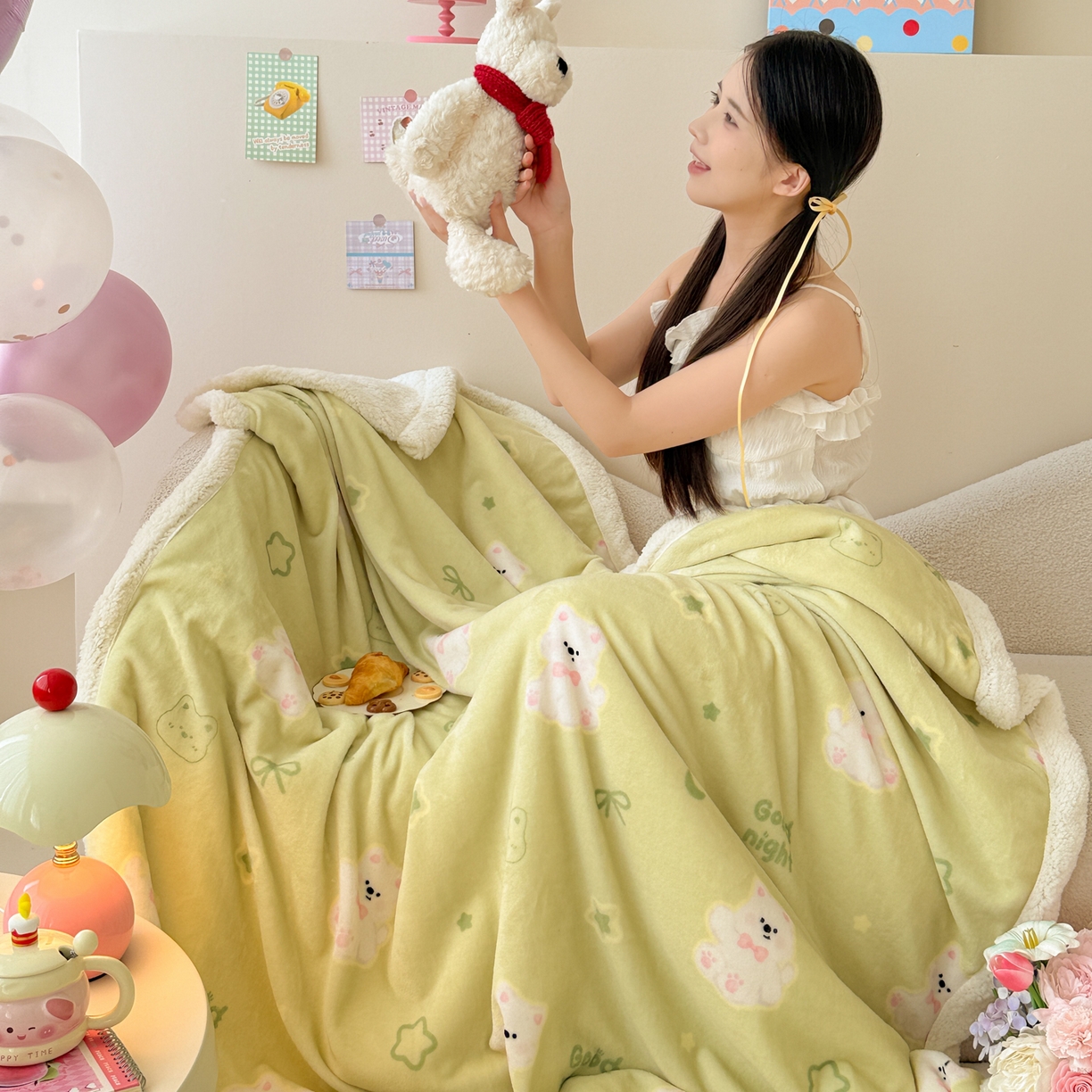 91家纺网 家纺一手货源 找家纺 沐慕 2025新款牛奶绒拼羊羔绒毛毯盖毯毯子 毛毯-青青萌宠