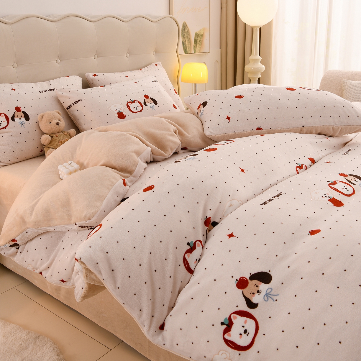 紫月轩家纺 2025新款A类牛奶绒小清新印花四件套 点点萌园