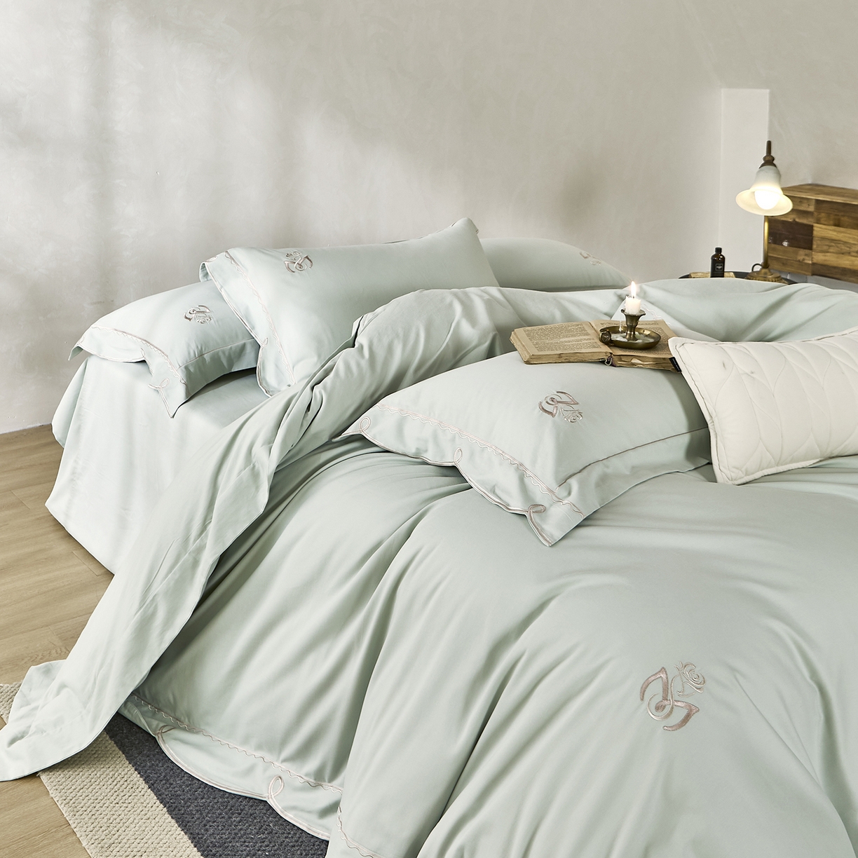 91家纺网 家纺一手货源 找家纺 玖玖爱家纺 2025新款亲肤柔软婴肤棉四件套-小邂逅 小邂逅-浅水蓝