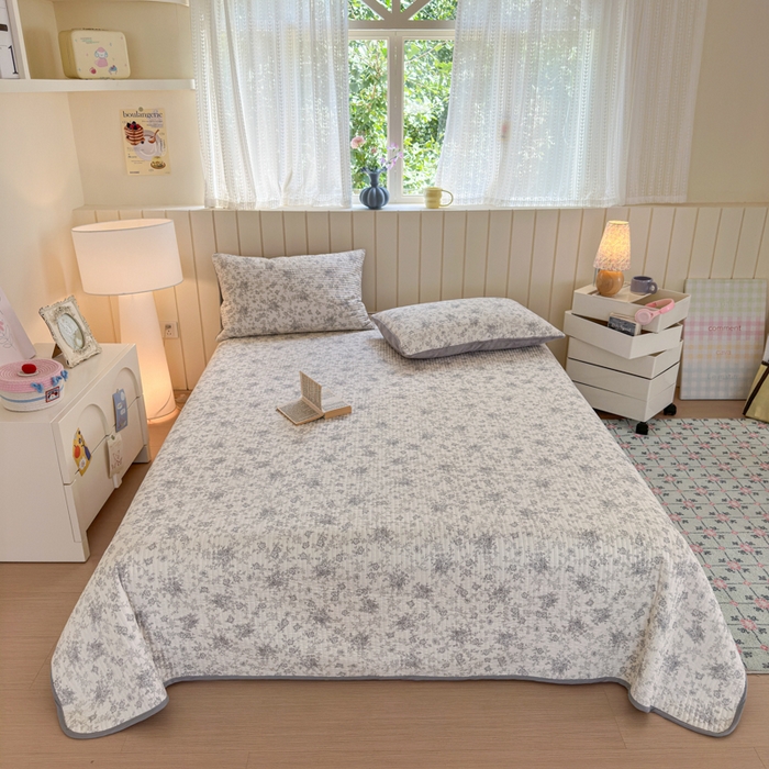 漫调家纺 2025新款全棉双层纱与绒床盖三件套 轻烟凝灰