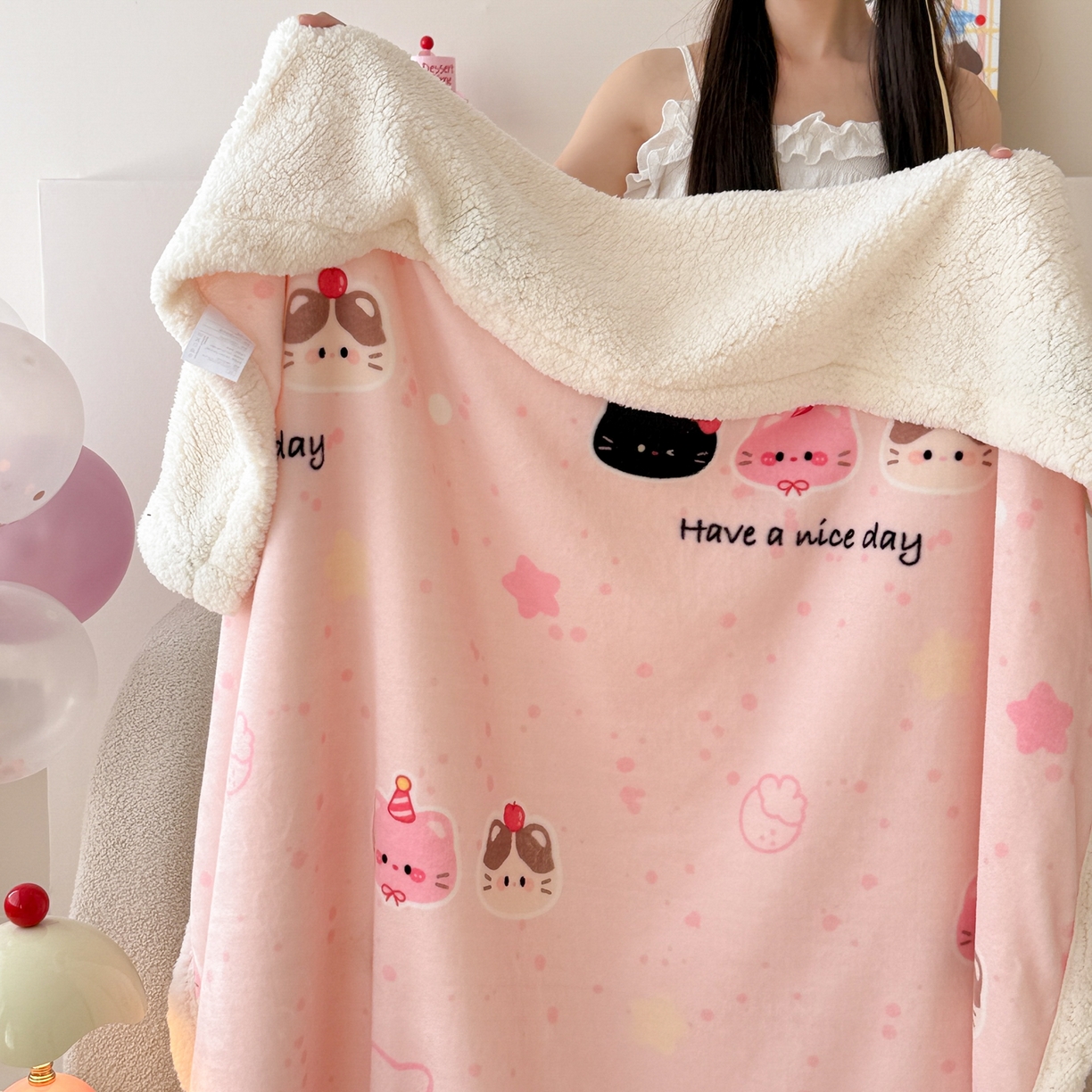 91家纺网 家纺一手货源 找家纺 沐慕 2025新款牛奶绒拼羊羔绒毛毯盖毯毯子 毛毯-三只小猫