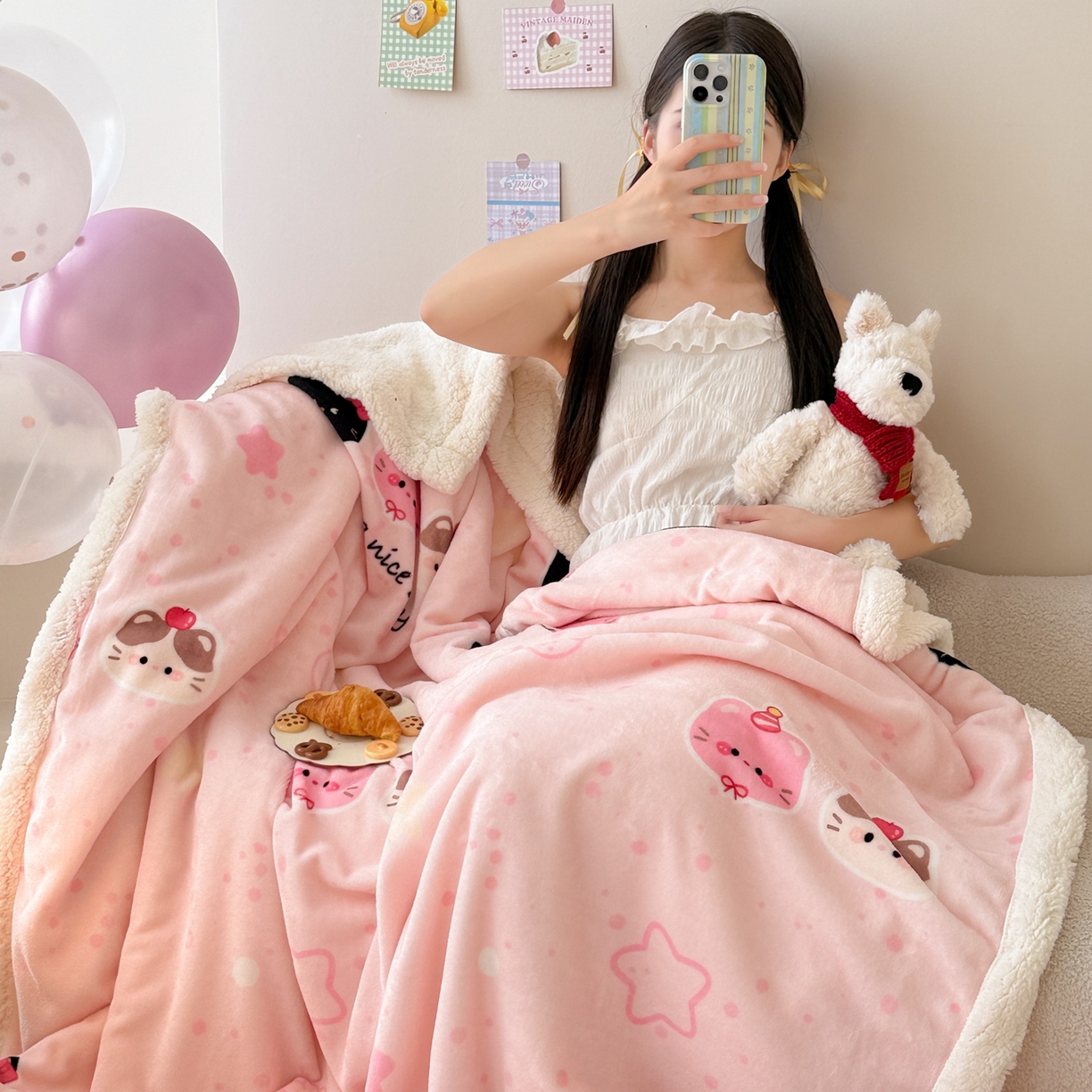 91家纺网 家纺一手货源 找家纺 沐慕 2025新款牛奶绒拼羊羔绒毛毯盖毯毯子 毛毯-三只小猫