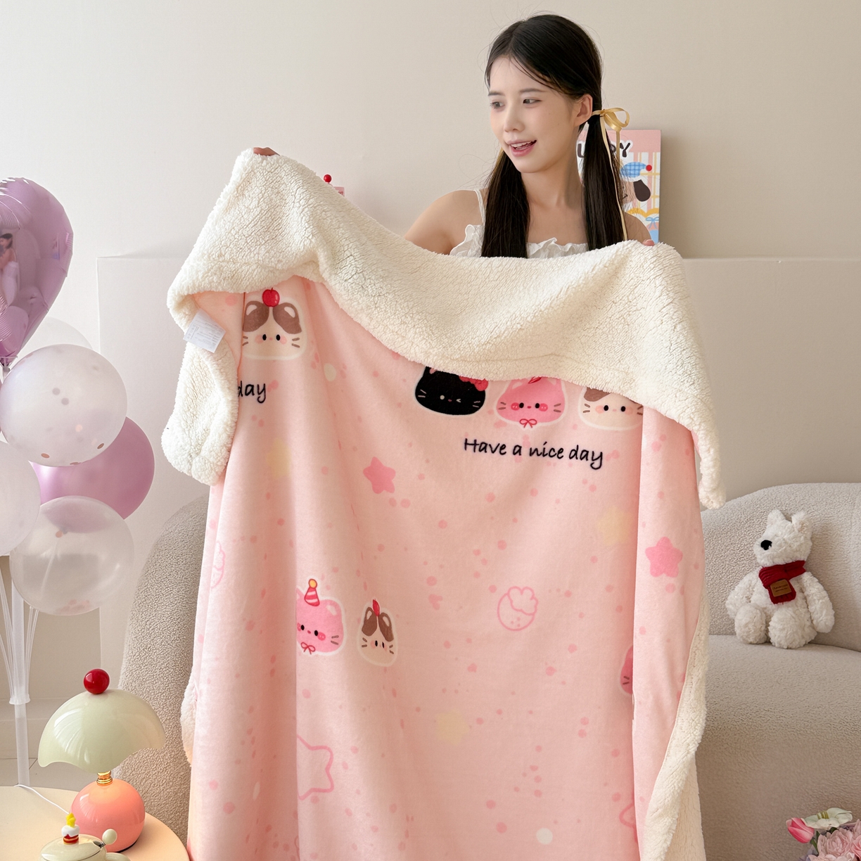 91家纺网 家纺一手货源 找家纺 沐慕 2025新款牛奶绒拼羊羔绒毛毯盖毯毯子 毛毯-三只小猫