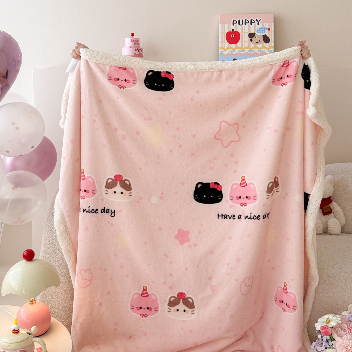 91家纺网 家纺一手货源 找家纺 沐慕 2025新款牛奶绒拼羊羔绒毛毯盖毯毯子 毛毯-三只小猫