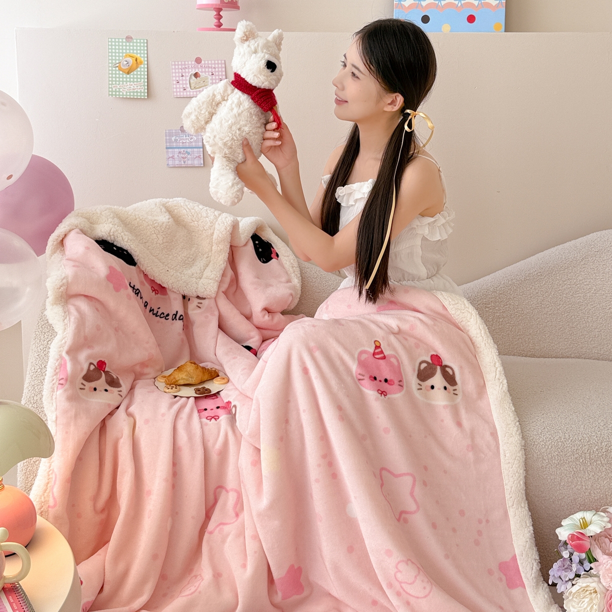 91家纺网 家纺一手货源 找家纺 沐慕 2025新款牛奶绒拼羊羔绒毛毯盖毯毯子 毛毯-三只小猫