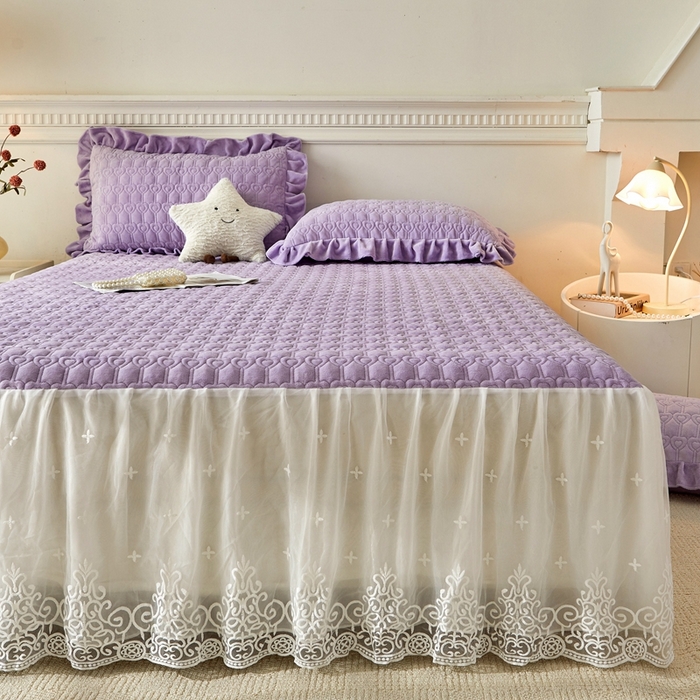 91家纺网 家纺一手货源 找家纺 怡源梦 2025新款A类牛奶绒夹棉床裙单件-甜心公主系列 紫色