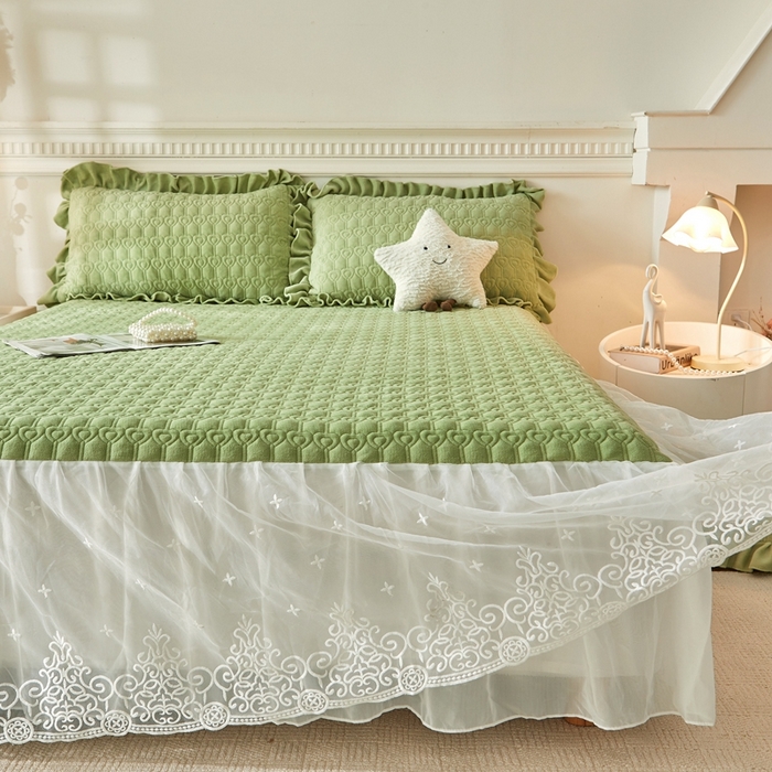 91家纺网 家纺一手货源 找家纺 怡源梦 2025新款A类牛奶绒夹棉床裙单件-甜心公主系列 绿色