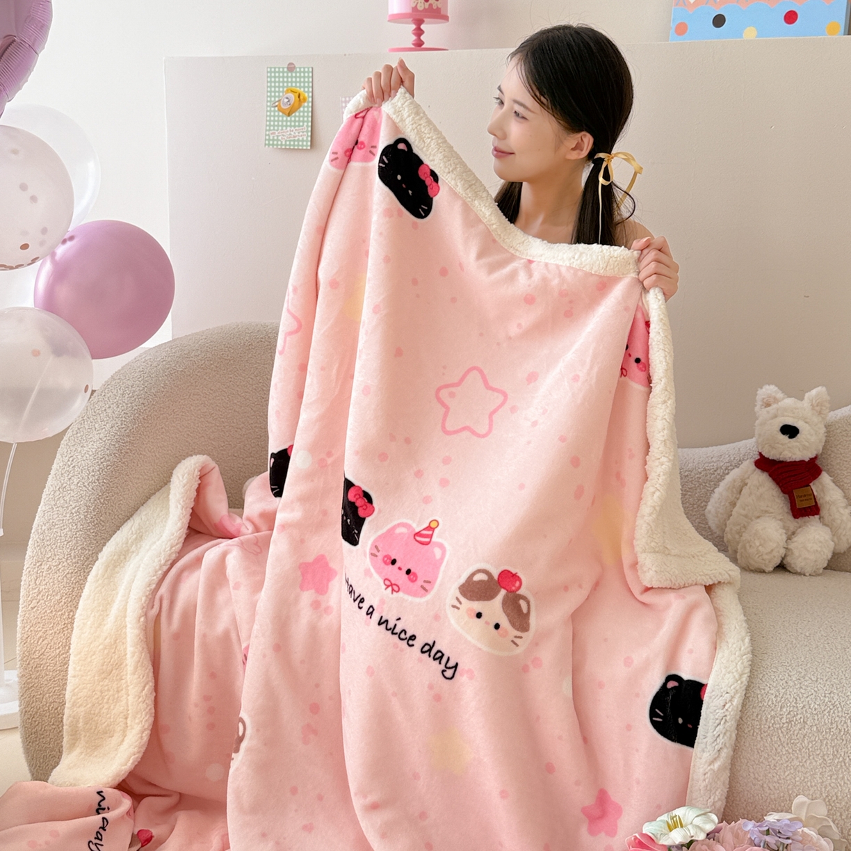 91家纺网 家纺一手货源 找家纺 沐慕 2025新款牛奶绒拼羊羔绒毛毯盖毯毯子 毛毯-三只小猫