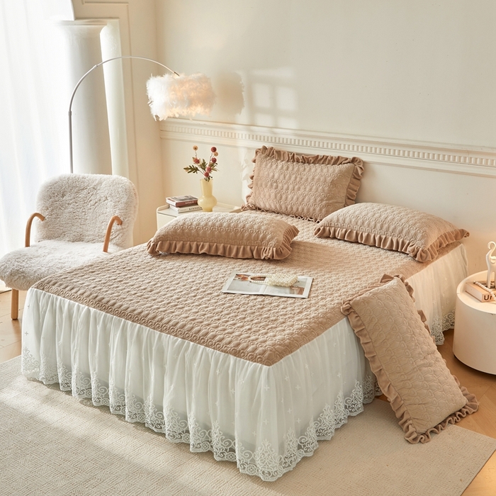 91家纺网 家纺一手货源 找家纺 怡源梦 2025新款A类牛奶绒夹棉床裙单件-甜心公主系列 咖色