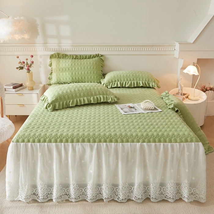 91家纺网 家纺一手货源 找家纺 怡源梦 2025新款A类牛奶绒夹棉床裙单件-甜心公主系列 绿色