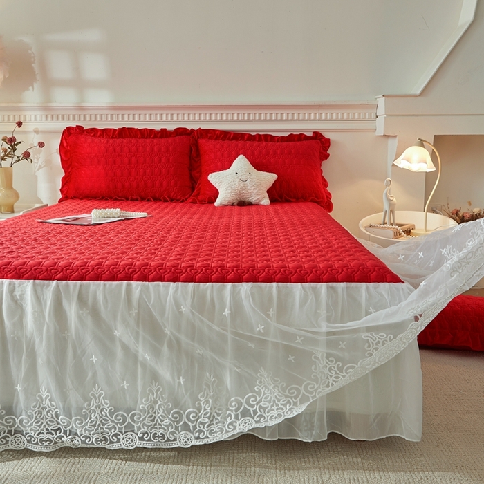 91家纺网 家纺一手货源 找家纺 怡源梦 2025新款A类牛奶绒夹棉床裙单件-甜心公主系列 大红色