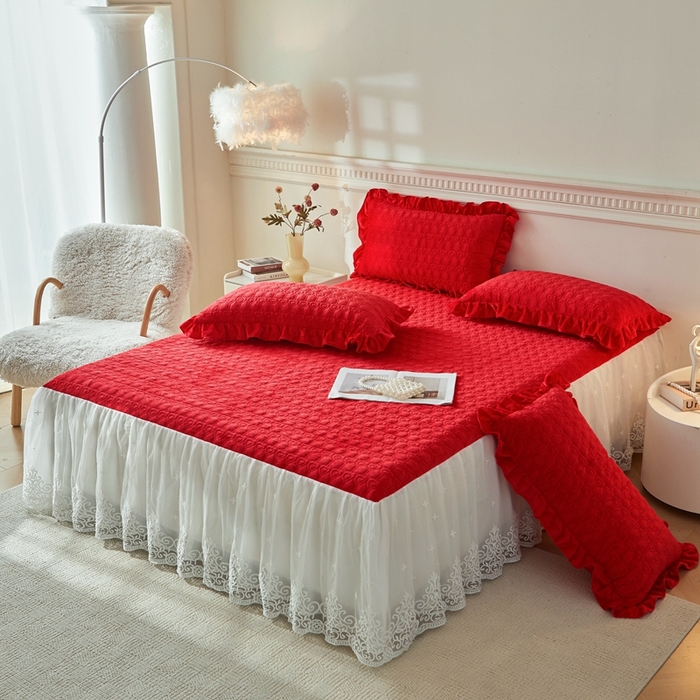 91家纺网 家纺一手货源 找家纺 怡源梦 2025新款A类牛奶绒夹棉床裙单件-甜心公主系列 大红色