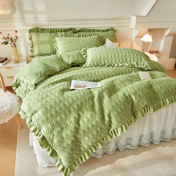 91家纺网 家纺一手货源 找家纺 怡源梦 2025新款A类牛奶绒夹棉床裙单件-甜心公主系列 绿色