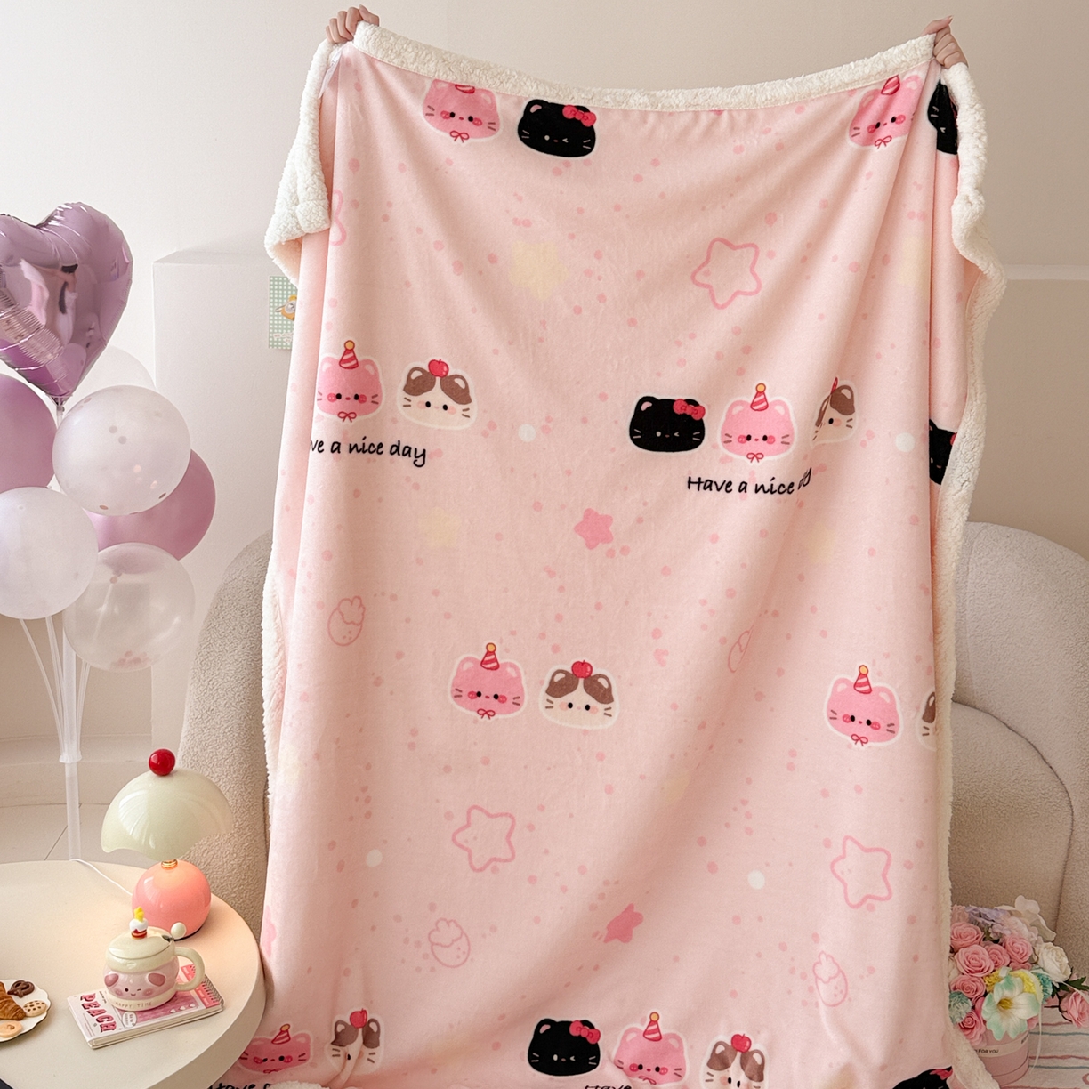 91家纺网 家纺一手货源 找家纺 沐慕 2025新款牛奶绒拼羊羔绒毛毯盖毯毯子 毛毯-三只小猫