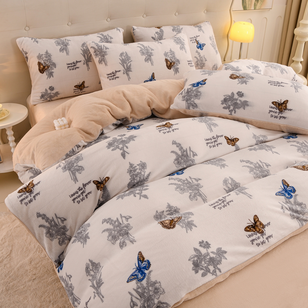 91家纺网 家纺一手货源 找家纺 紫月轩家纺 2025新款A类牛奶绒小清新印花四件套 田园蝶梦