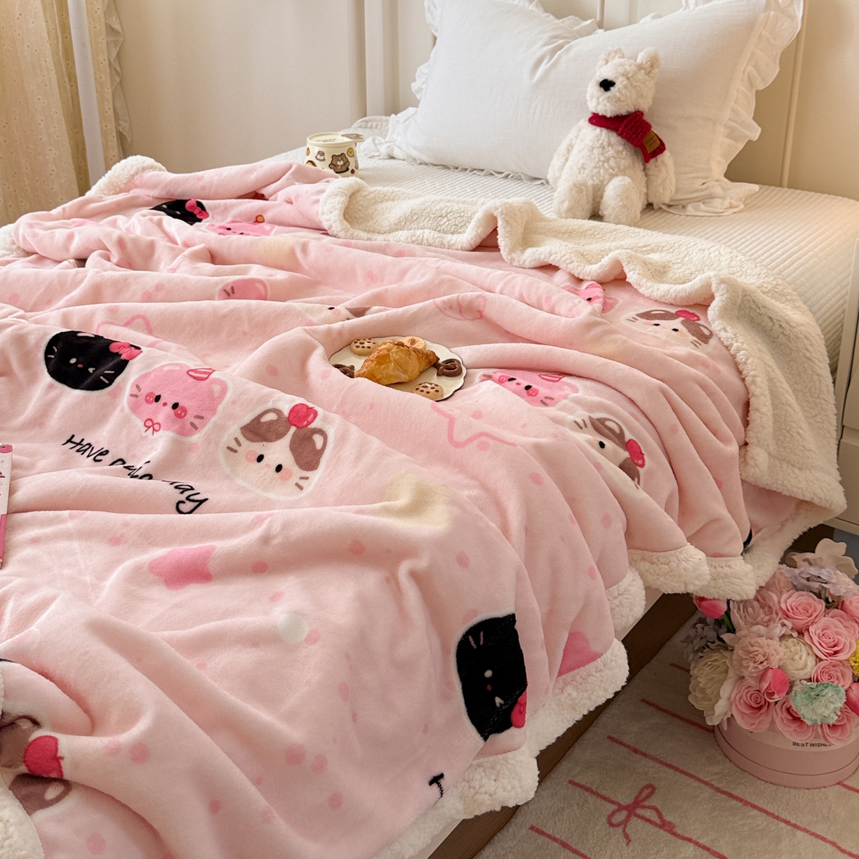 91家纺网 家纺一手货源 找家纺 沐慕 2025新款牛奶绒拼羊羔绒毛毯盖毯毯子 毛毯-三只小猫