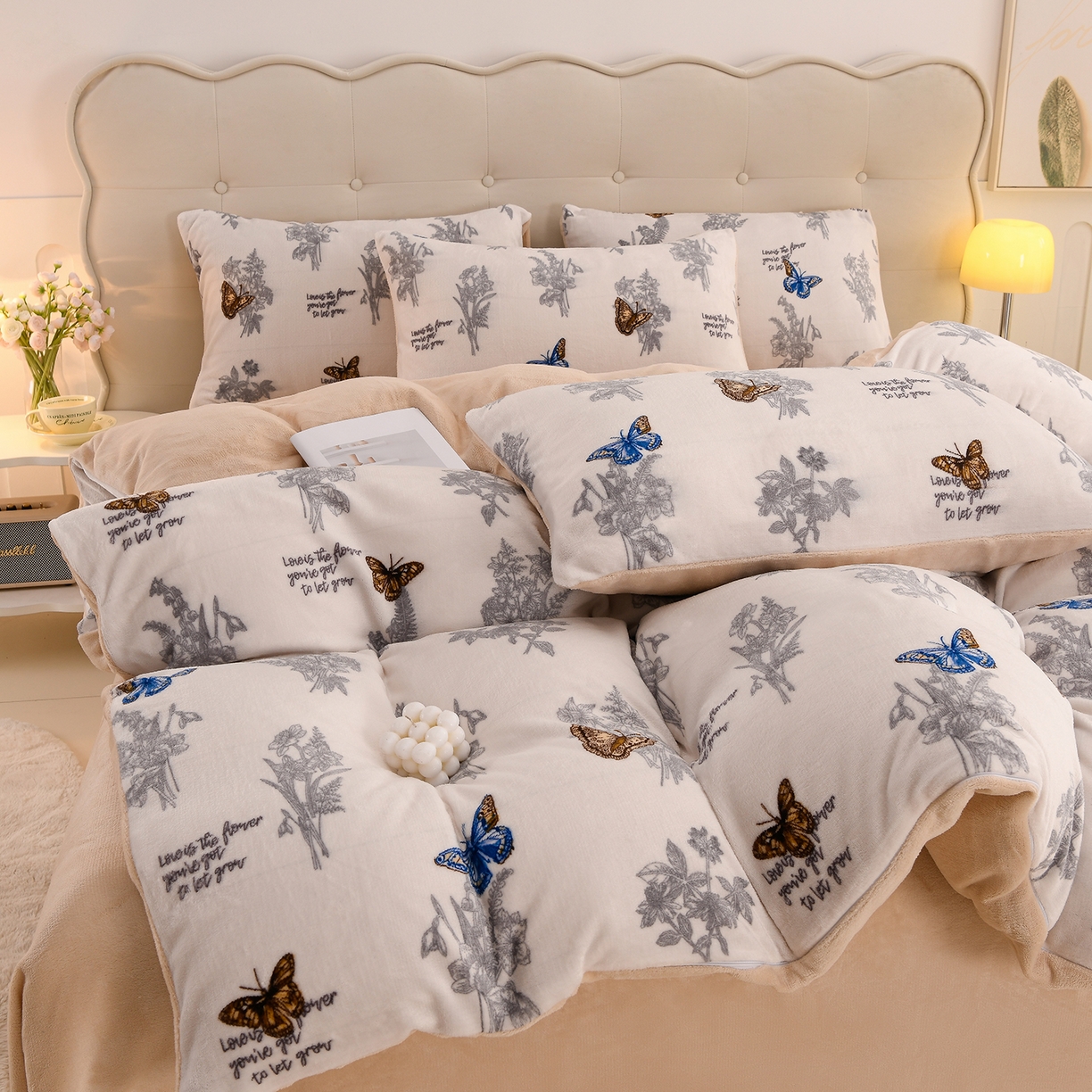 91家纺网 家纺一手货源 找家纺 紫月轩家纺 2025新款A类牛奶绒小清新印花四件套 田园蝶梦