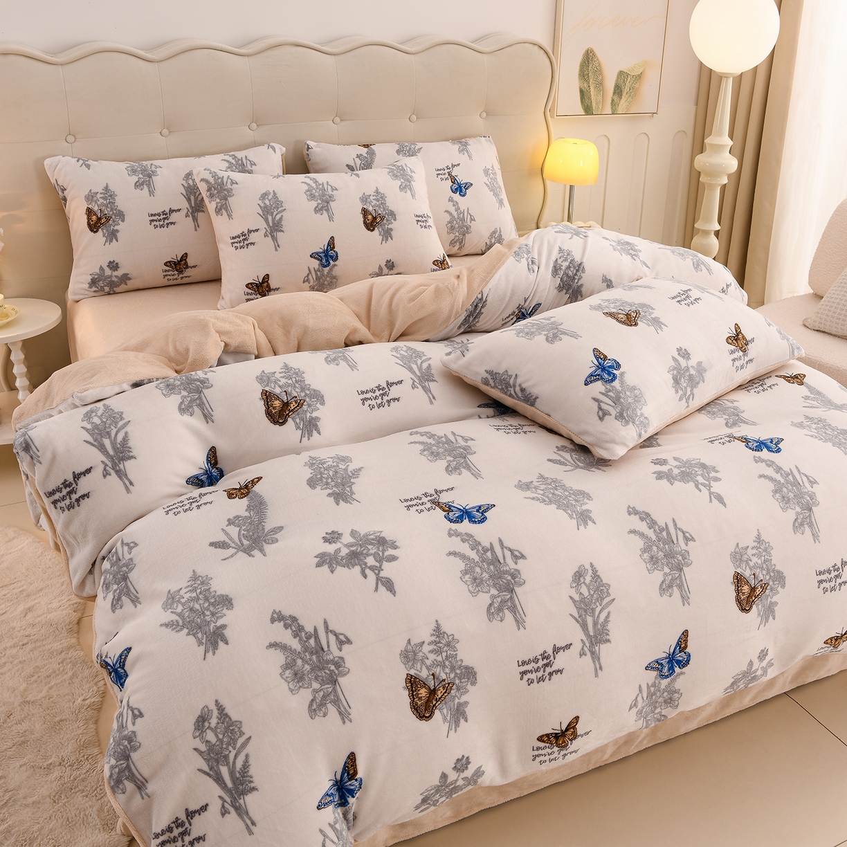 91家纺网 家纺一手货源 找家纺 紫月轩家纺 2025新款A类牛奶绒小清新印花四件套 田园蝶梦