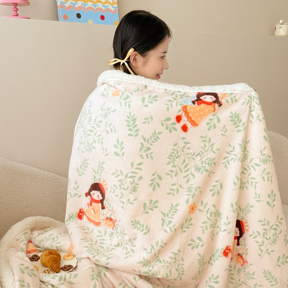 91家纺网 家纺一手货源 找家纺 沐慕 2025新款牛奶绒拼羊羔绒毛毯盖毯毯子 毛毯-森林女孩