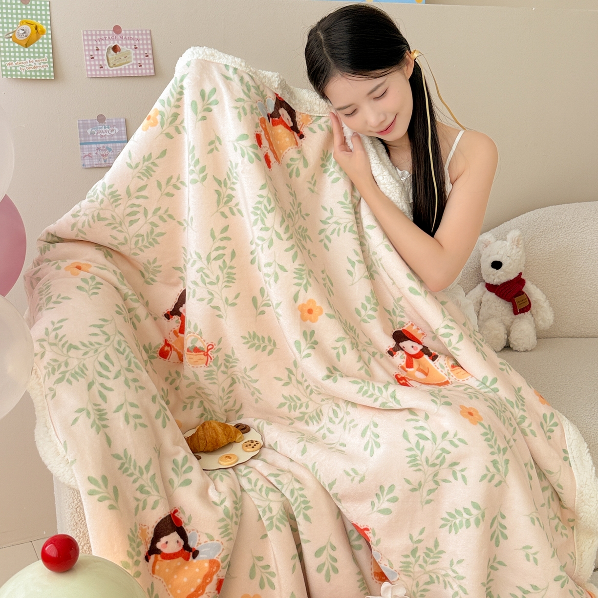 91家纺网 家纺一手货源 找家纺 沐慕 2025新款牛奶绒拼羊羔绒毛毯盖毯毯子 毛毯-森林女孩