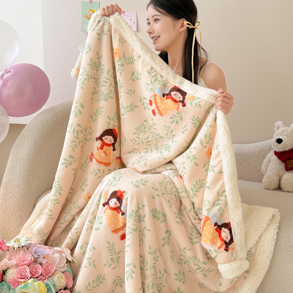 91家纺网 家纺一手货源 找家纺 沐慕 2025新款牛奶绒拼羊羔绒毛毯盖毯毯子 毛毯-森林女孩