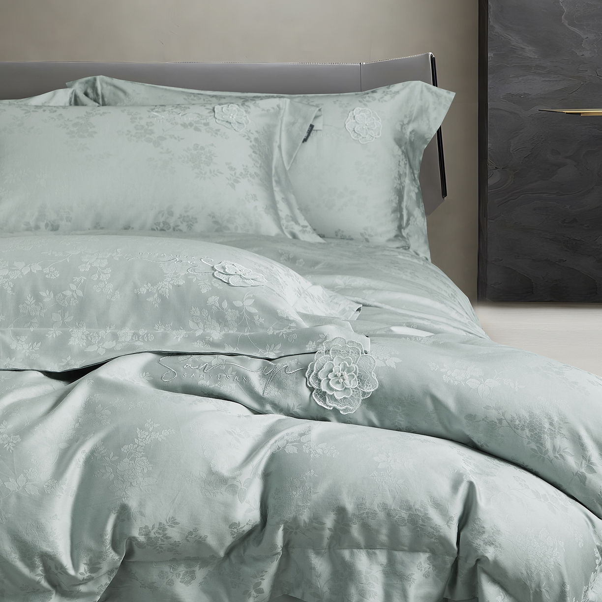 91家纺网 家纺一手货源 找家纺 玖玖爱家纺 2025新款长绒棉全棉纯棉磨毛提花四件套-夏沫 夏沫-浅绿