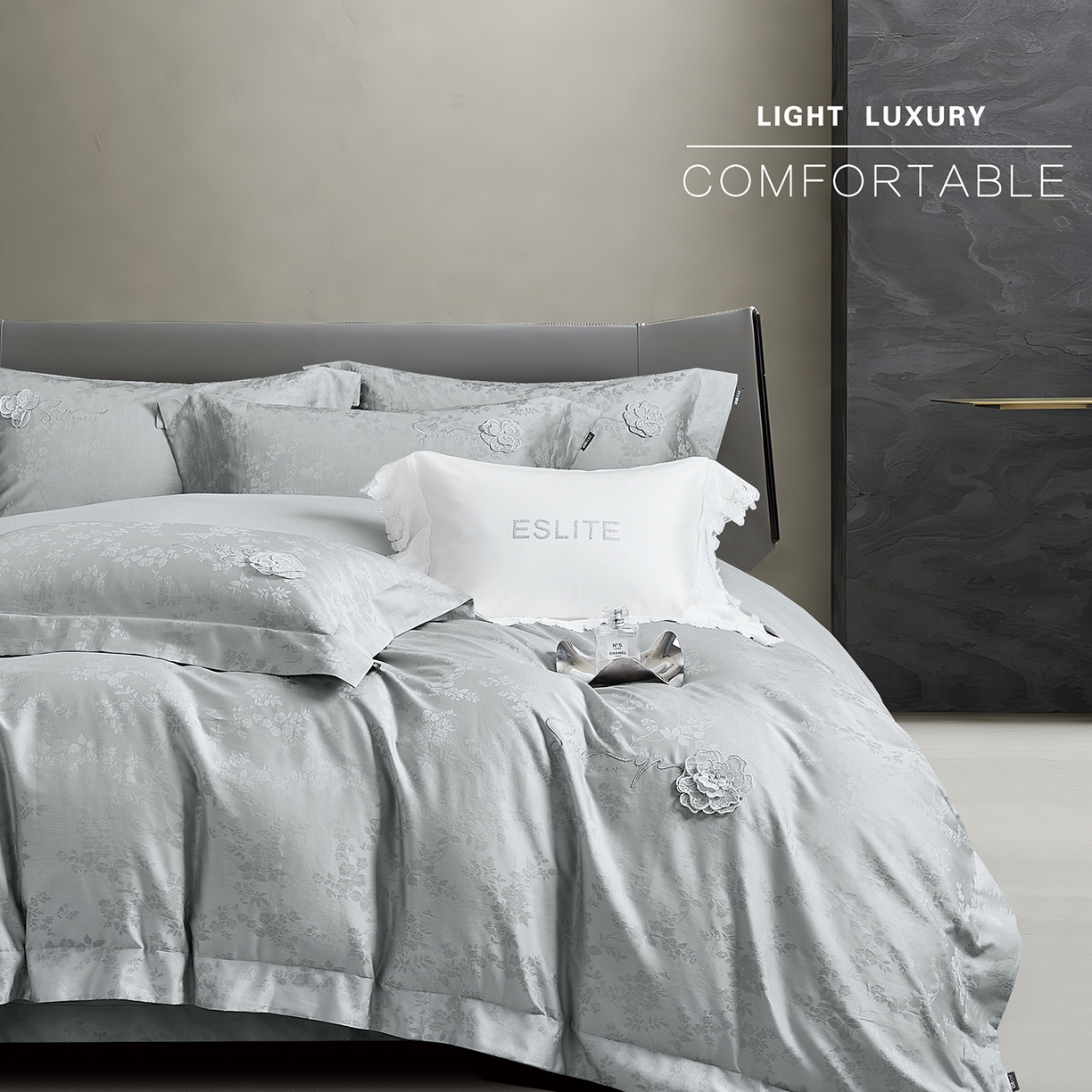 91家纺网 家纺一手货源 找家纺 玖玖爱家纺 2025新款长绒棉全棉纯棉磨毛提花四件套-夏沫 夏沫-银灰