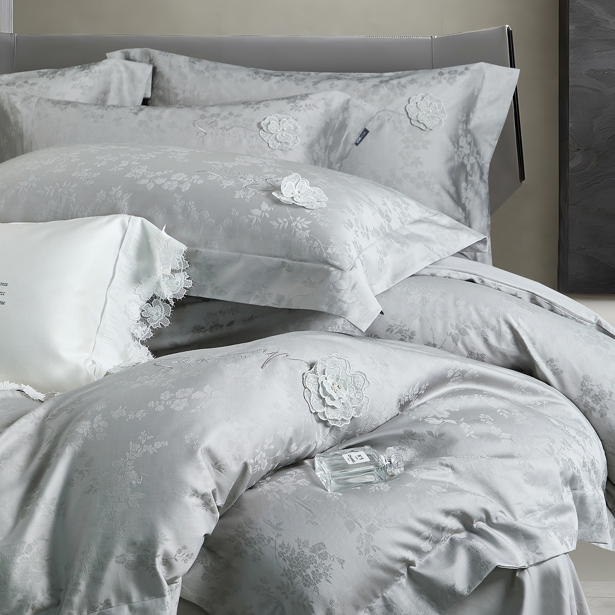 玖玖爱家纺 2025新款长绒棉全棉纯棉磨毛提花四件套-夏沫 夏沫-银灰