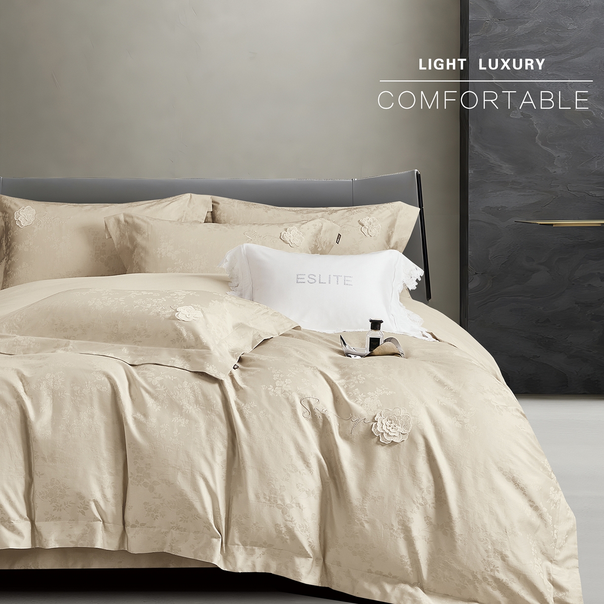 91家纺网 家纺一手货源 找家纺 玖玖爱家纺 2025新款长绒棉全棉纯棉磨毛提花四件套-夏沫 夏沫-浅金