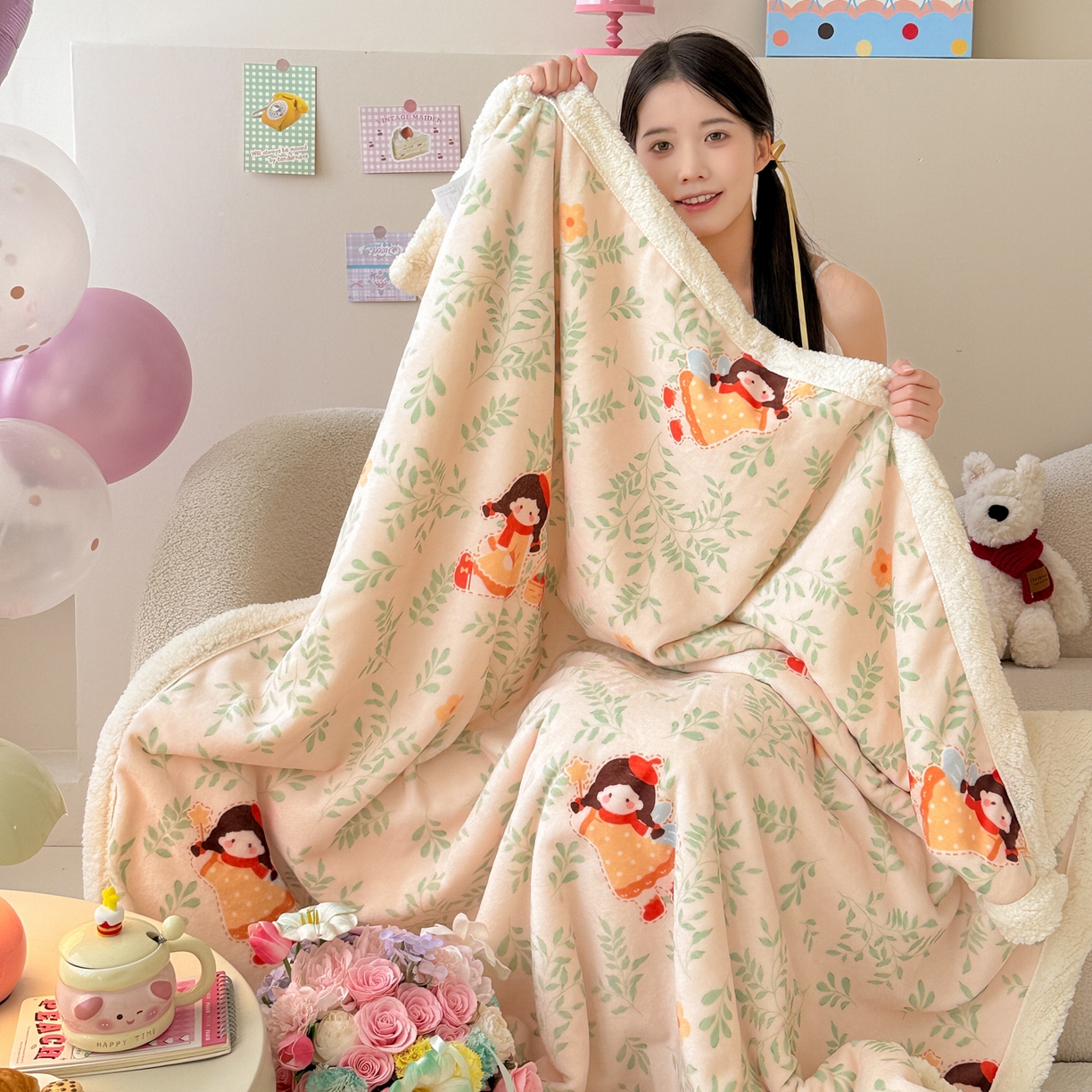 91家纺网 家纺一手货源 找家纺 沐慕 2025新款牛奶绒拼羊羔绒毛毯盖毯毯子 毛毯-森林女孩