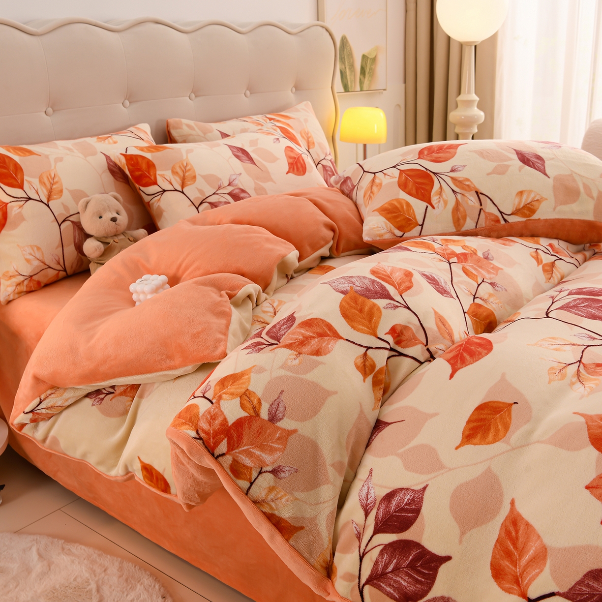 紫月轩家纺 2025新款A类牛奶绒小清新印花四件套 秋之叶语