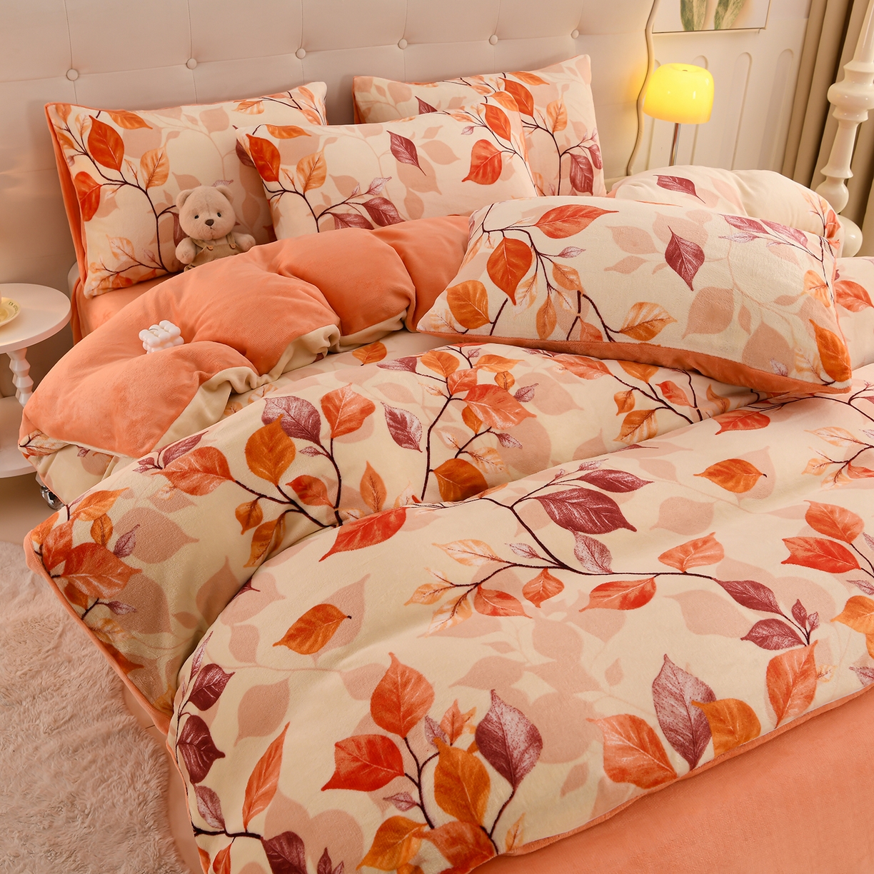 91家纺网 家纺一手货源 找家纺 紫月轩家纺 2025新款A类牛奶绒小清新印花四件套 秋之叶语