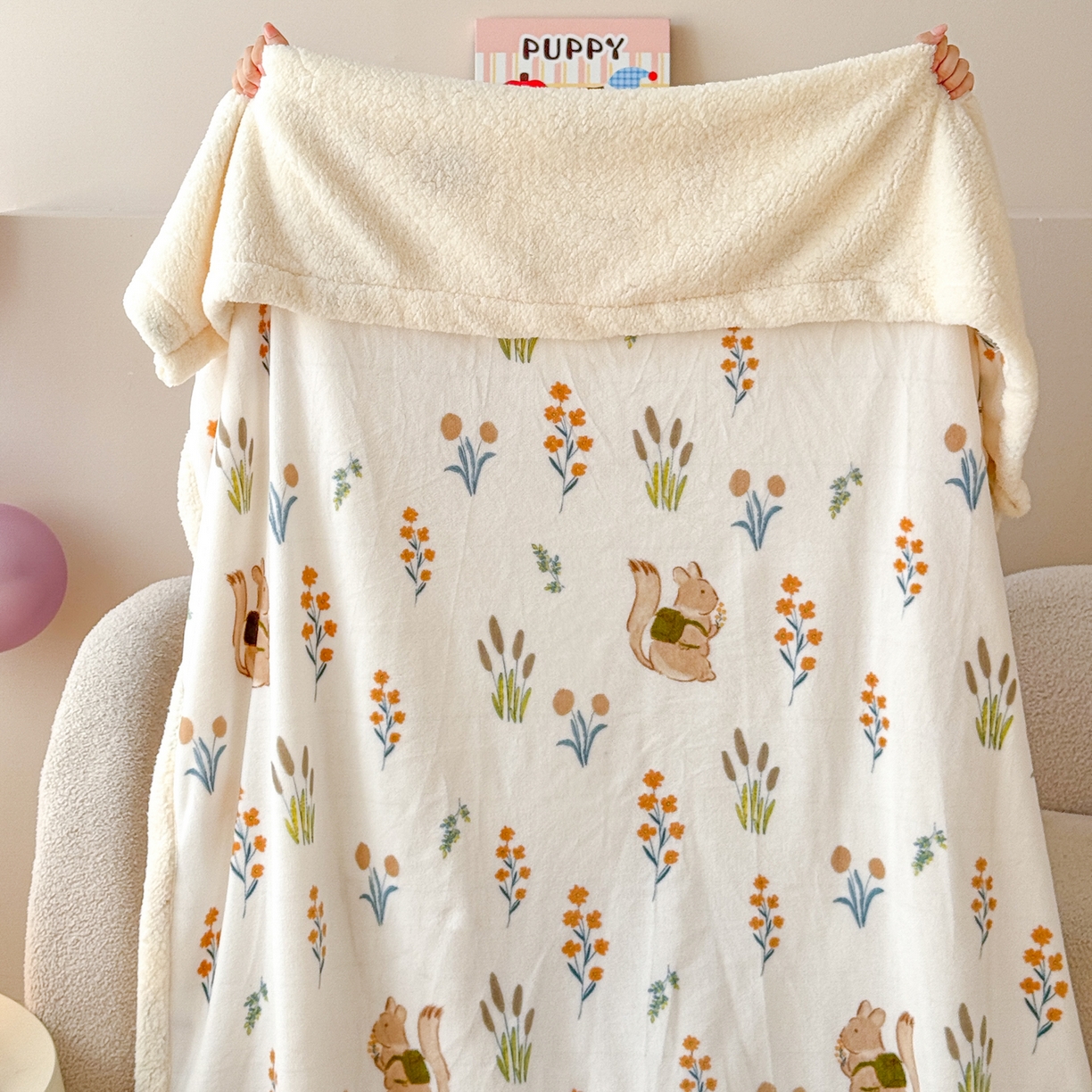 91家纺网 家纺一手货源 找家纺 沐慕 2025新款牛奶绒拼羊羔绒毛毯盖毯毯子 毛毯-田园松鼠