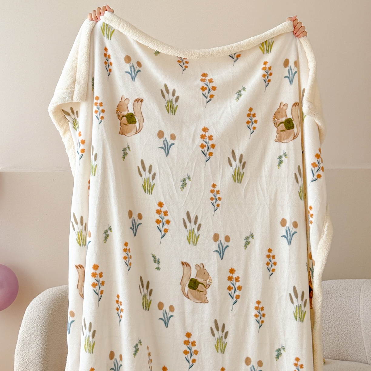 91家纺网 家纺一手货源 找家纺 沐慕 2025新款牛奶绒拼羊羔绒毛毯盖毯毯子 毛毯-田园松鼠