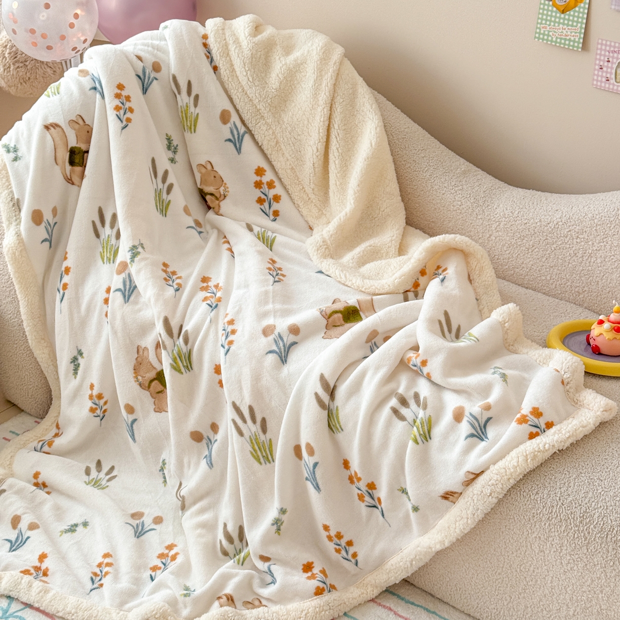 91家纺网 家纺一手货源 找家纺 沐慕 2025新款牛奶绒拼羊羔绒毛毯盖毯毯子 毛毯-田园松鼠