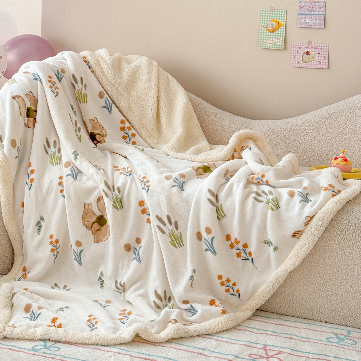 91家纺网 家纺一手货源 找家纺 沐慕 2025新款牛奶绒拼羊羔绒毛毯盖毯毯子 毛毯-田园松鼠