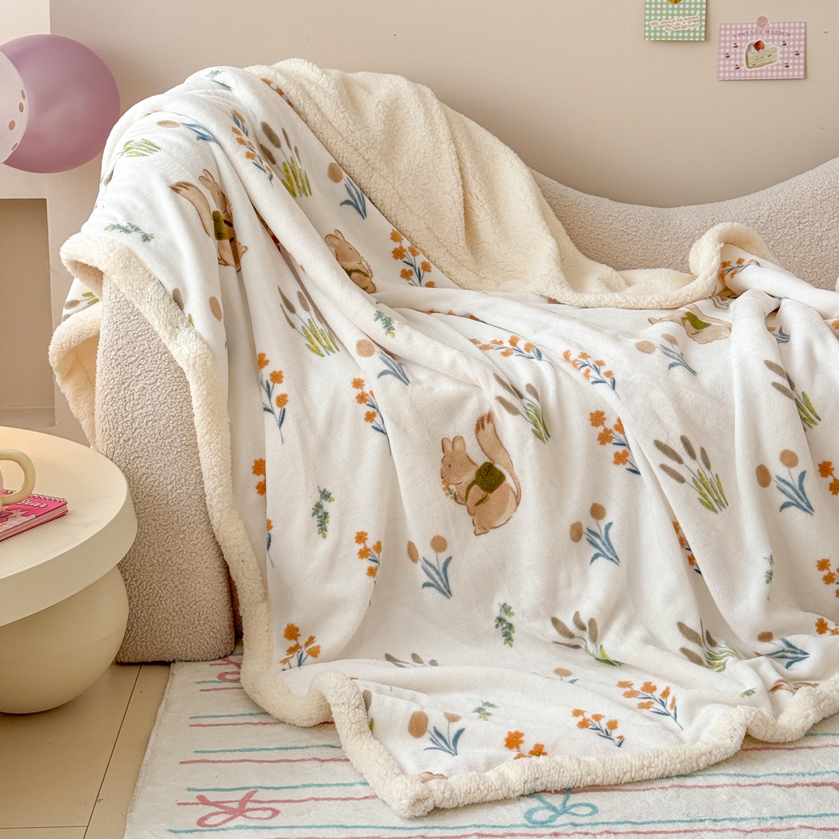 91家纺网 家纺一手货源 找家纺 沐慕 2025新款牛奶绒拼羊羔绒毛毯盖毯毯子 毛毯-田园松鼠