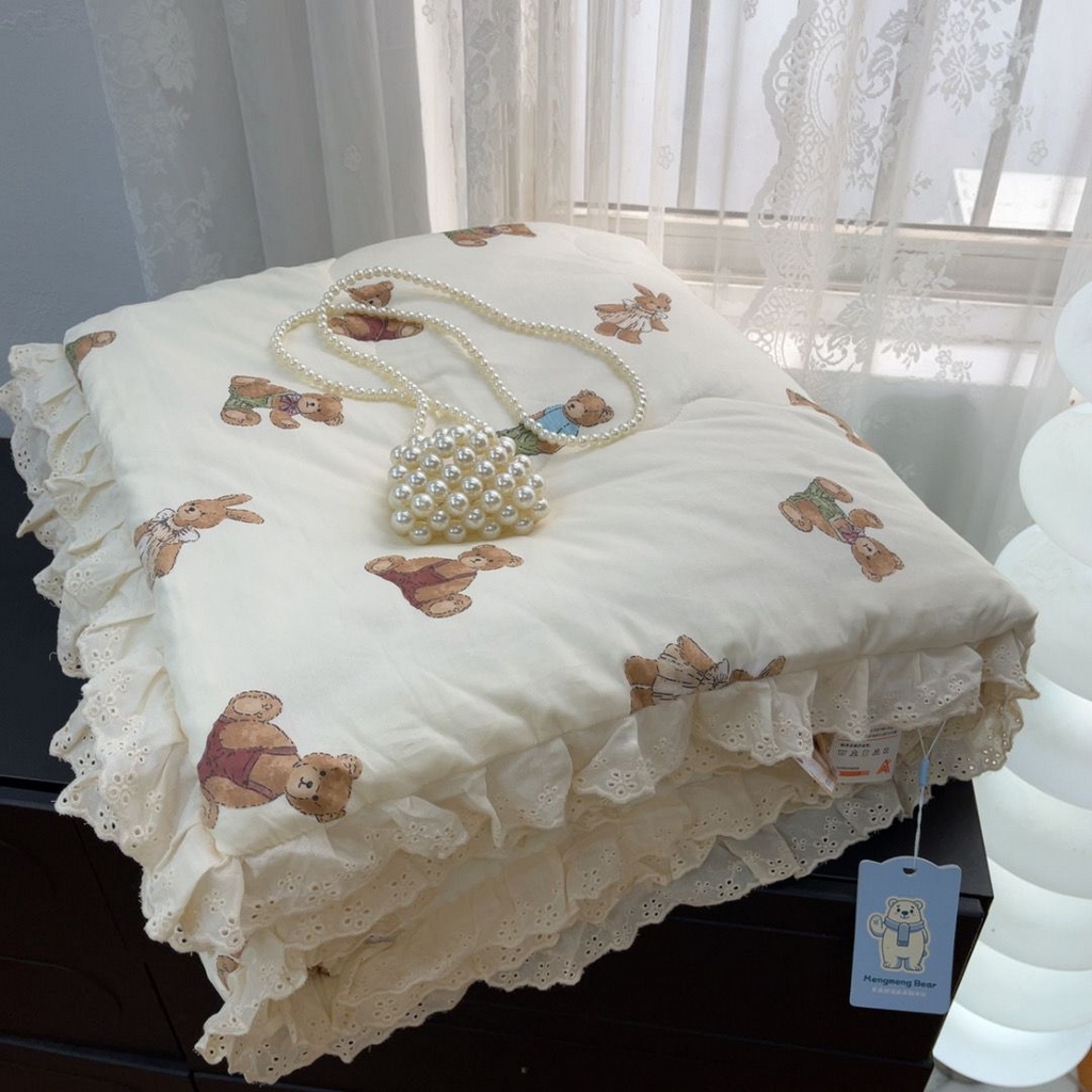 暖居 2025新款纯棉花边款春秋豆豆被四季通用 熊和兔子