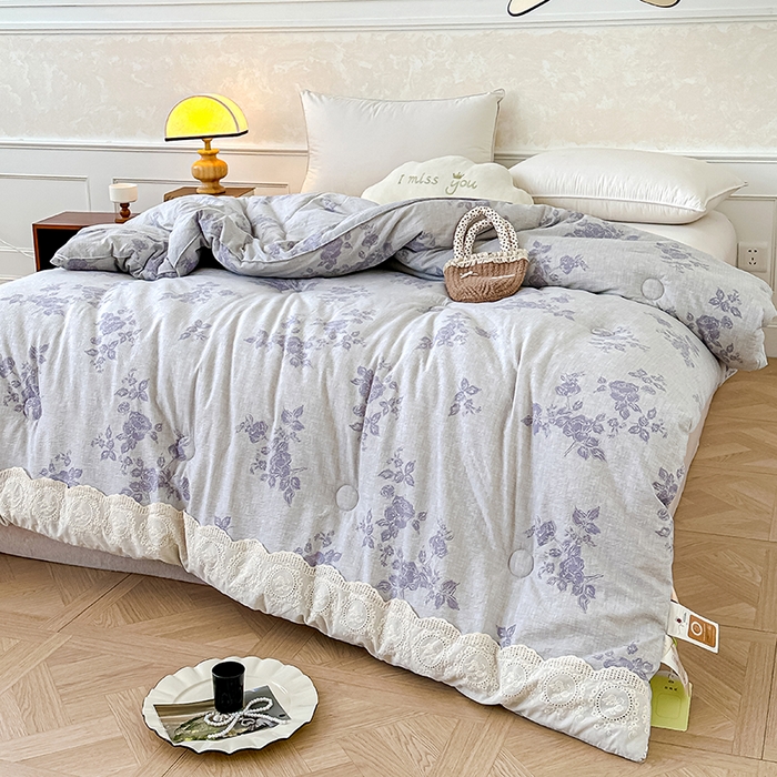 91家纺网 家纺一手货源 找家纺 芯恋 25年新款亚麻风全棉花边云感冬被四季被加厚冬被 花影