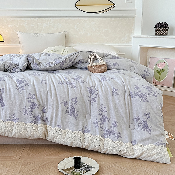 91家纺网 家纺一手货源 找家纺 芯恋 25年新款亚麻风全棉花边云感冬被四季被加厚冬被 花影