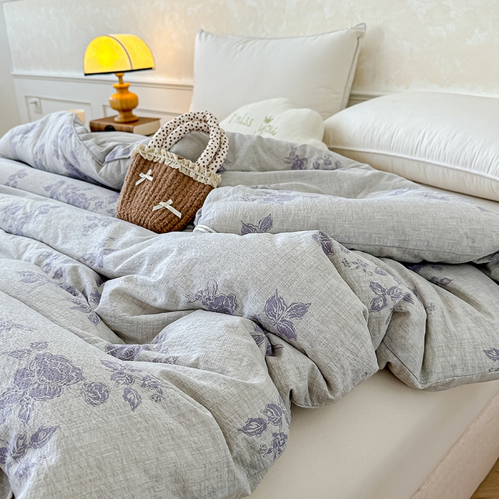 91家纺网 家纺一手货源 找家纺 芯恋 25年新款亚麻风全棉花边云感冬被四季被加厚冬被 花影