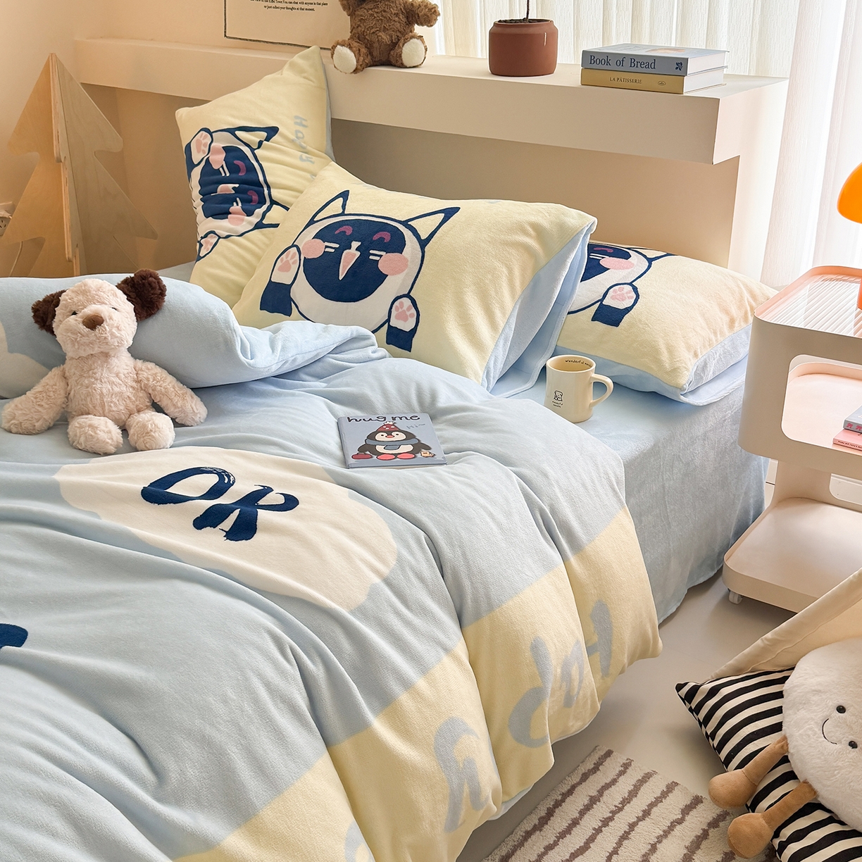 91家纺网 家纺一手货源 找家纺 悦织湾家纺 2025新款大版卡通印花牛奶绒四件套儿童床绒套件学生宿舍单双人床上用品三四件套 大脸猫猫