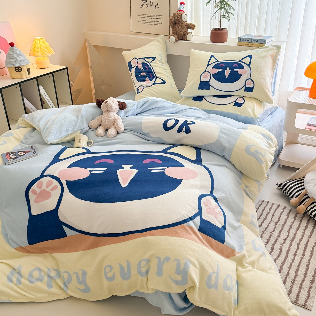 91家纺网 家纺一手货源 找家纺 悦织湾家纺 2025新款大版卡通印花牛奶绒四件套儿童床绒套件学生宿舍单双人床上用品三四件套 大脸猫猫