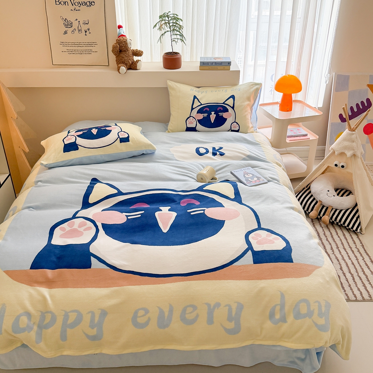 91家纺网 家纺一手货源 找家纺 悦织湾家纺 2025新款大版卡通印花牛奶绒四件套儿童床绒套件学生宿舍单双人床上用品三四件套 大脸猫猫