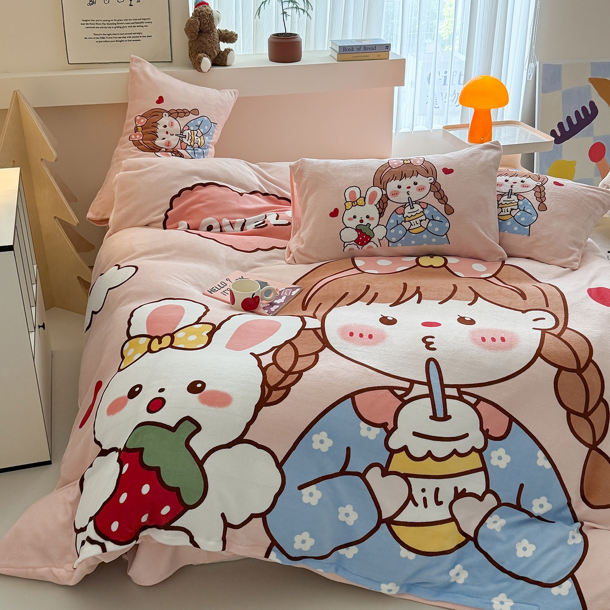 91家纺网 家纺一手货源 找家纺 悦织湾家纺 2025新款大版卡通印花牛奶绒四件套儿童床绒套件学生宿舍单双人床上用品三四件套 女孩与兔